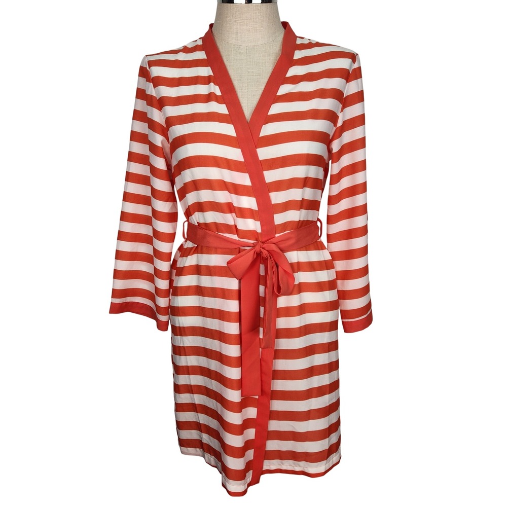 LFV by‎ La Fee Verte Orange White Striped Wrap Robe Short Belted Cover Up